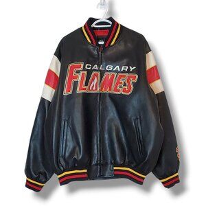 Calgary Flames NHL Faux Leather Bomber Jacket Black Size XL